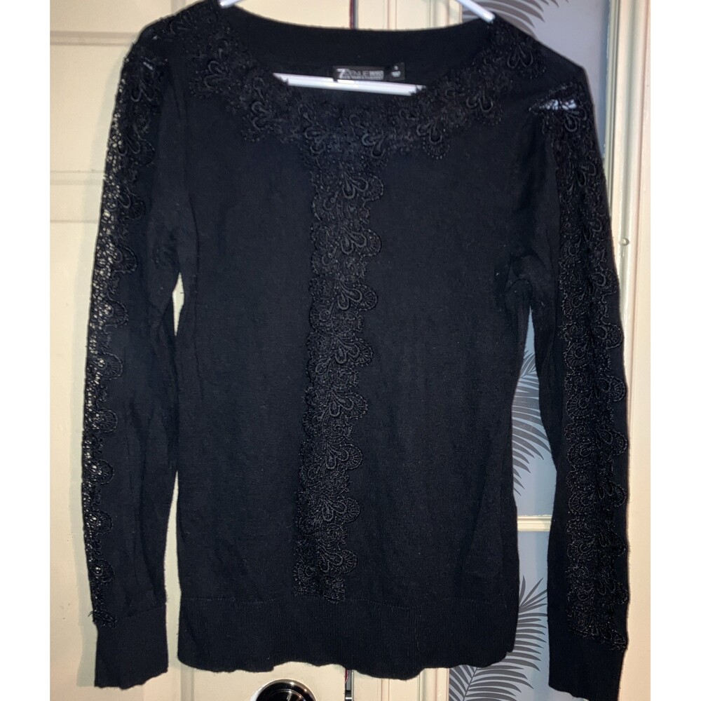 New York & Company 7th Ave Design Studio Solid Black Lace Detail Sweater Small